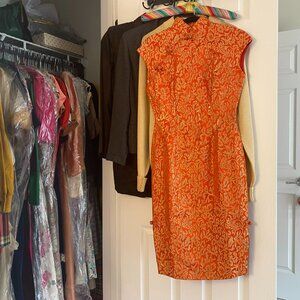 ✨ Vintage 1960s Orange & Gold Brocade Cheongsam Dress ✨